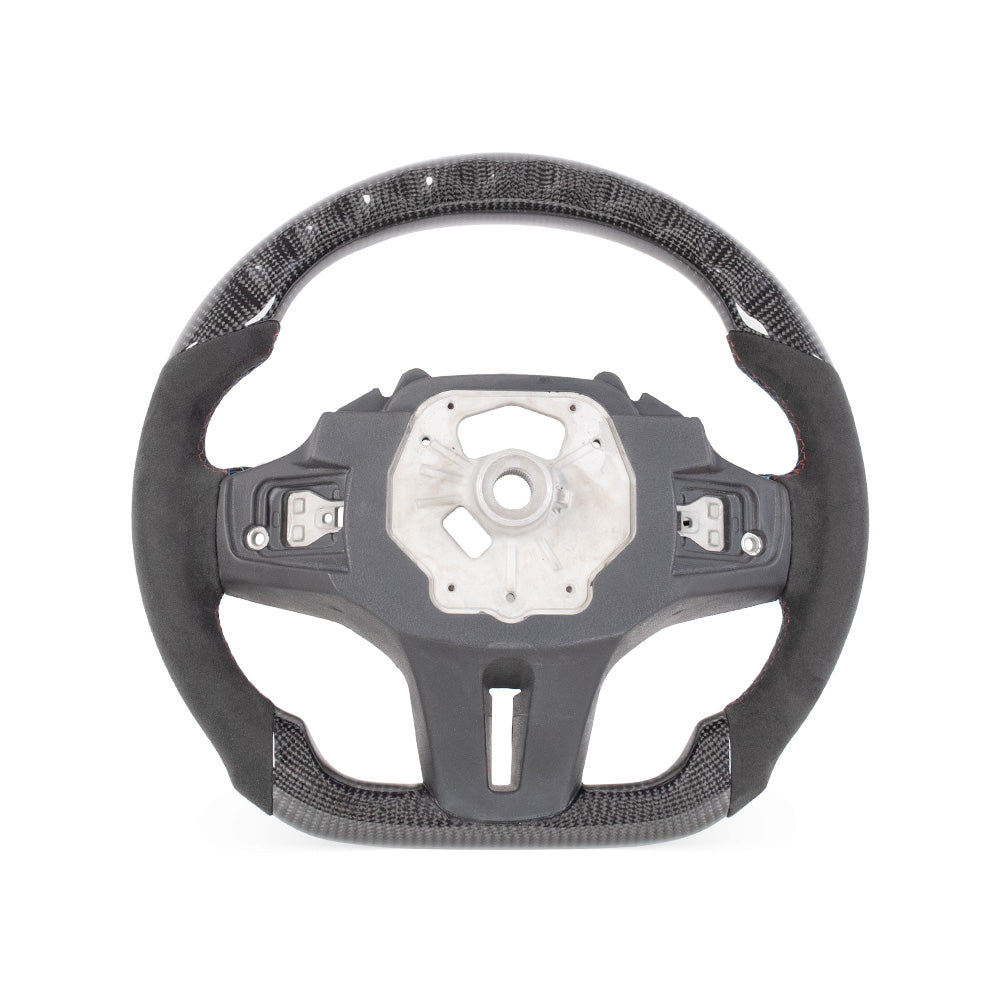 D-CARBON BMW G SERIES Flat Bottom Gloss Carbon Fiber Steering Wheel & ALCANTARA Grip With LED RACE DISPLAY