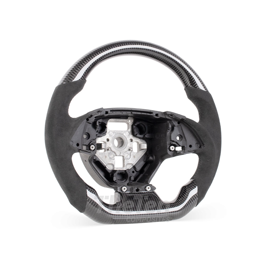 <img src="steering-wheel-front.jpg" alt="Front view of custom carbon fiber steering wheel for 2016–2023 Chevrolet Camaro">