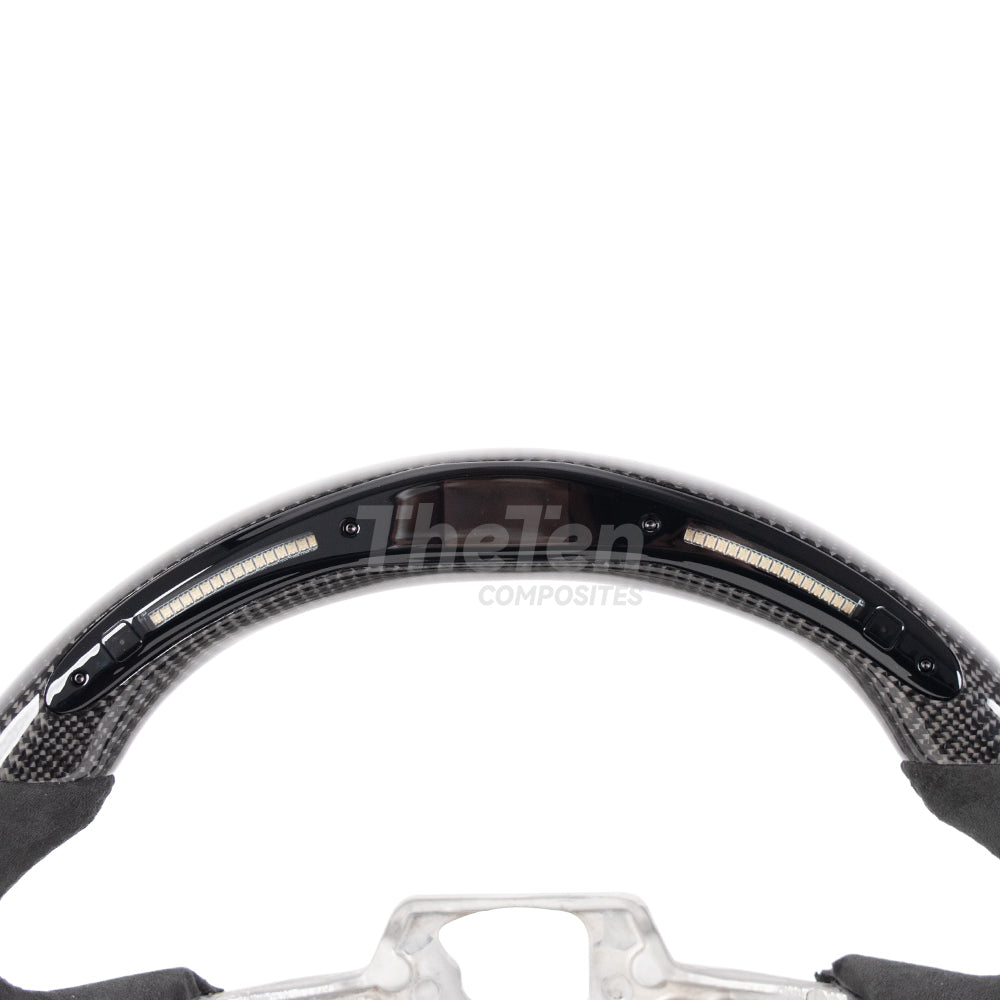 D-CARBON 2015-2017 Ford Mustang LED RPM DISPLAY FLAT BOTTOM STEERING WHEEL IN GLOSS CARBON & ALCANTARA