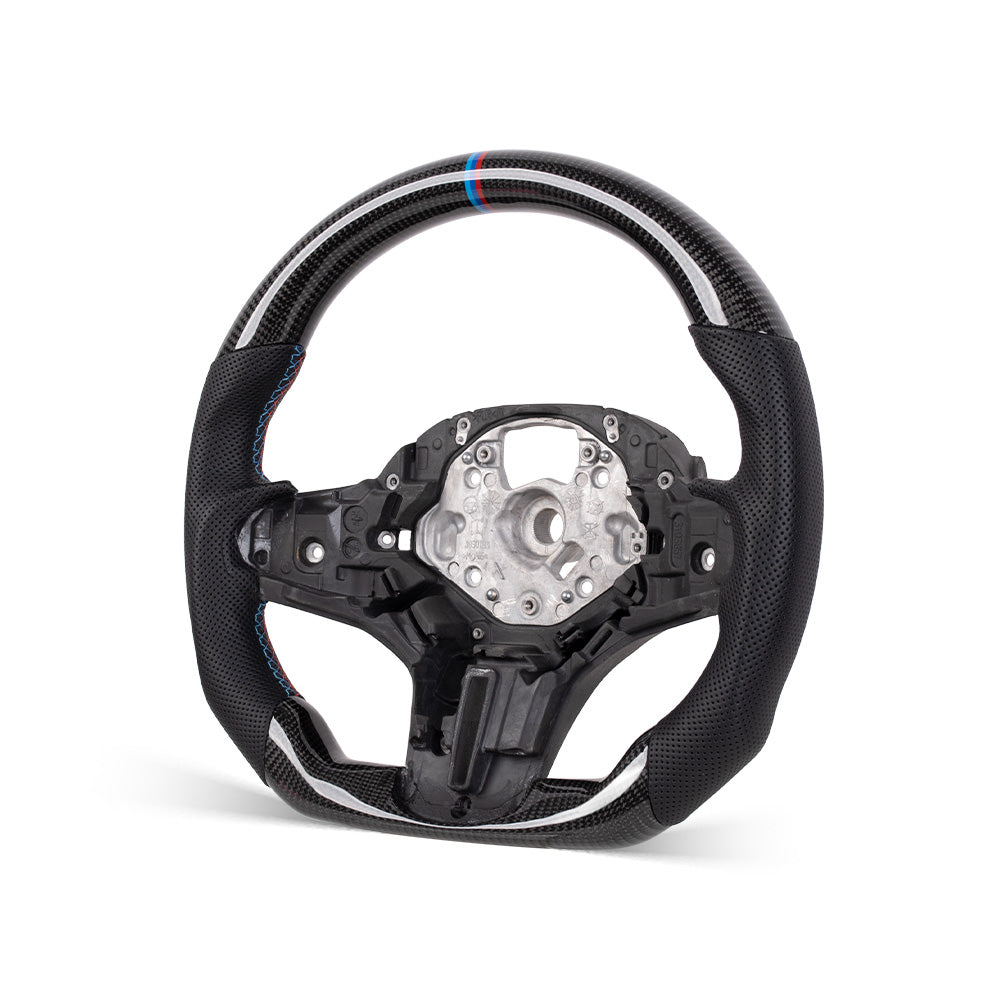 D-CARBON BMW G Series Flat Bottom Gloss Carbon Fiber Steering Wheel & Nappa Perforated Leather Grip