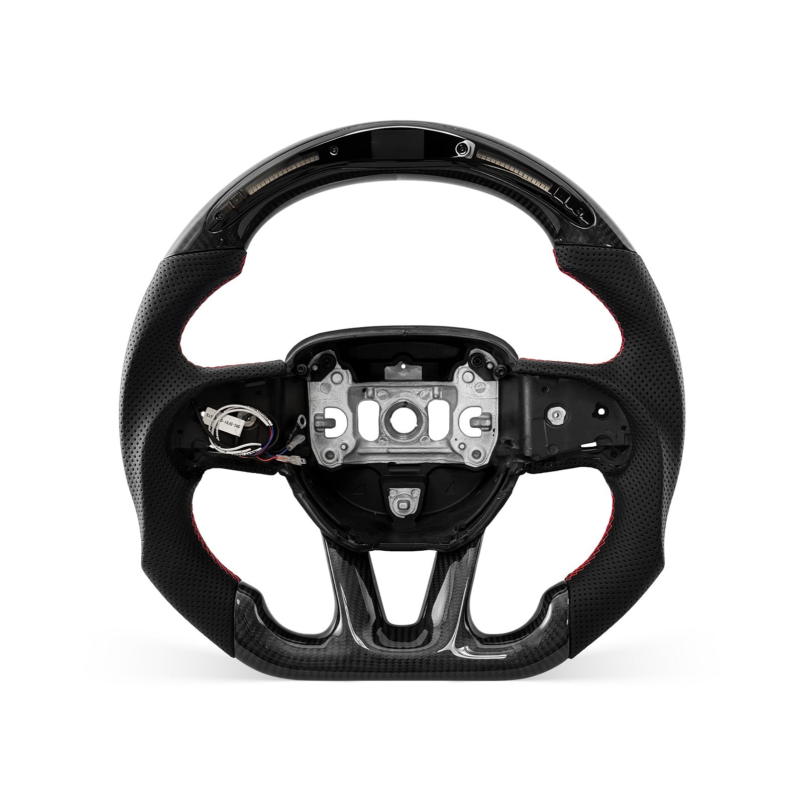 DODGE Challenger 2015-2026 steering wheel, Style 02 · 3K Gloss Carbon Fiber · Perforated Leather · LED · With Paddle Opening