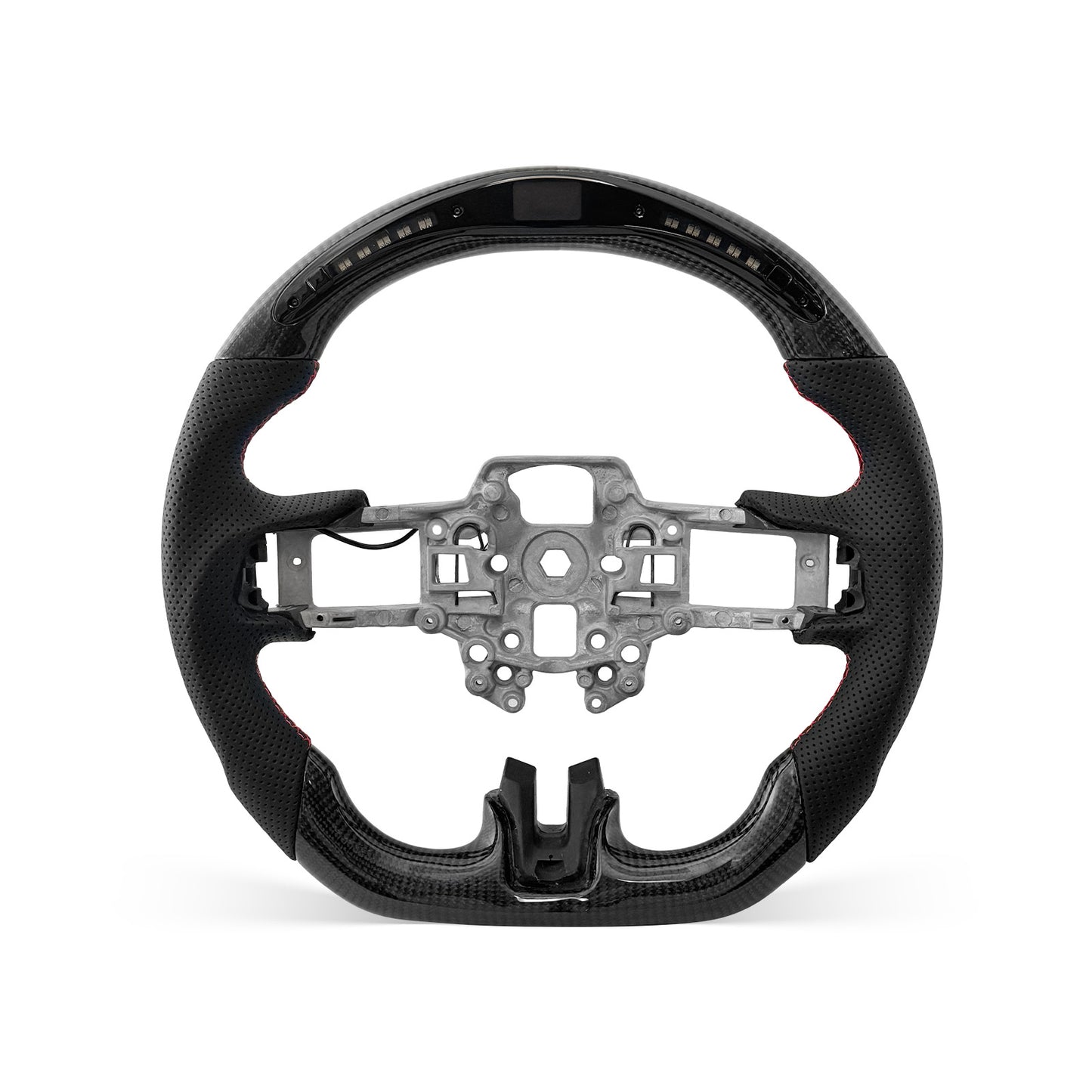 Mustang 2018-2023 steering wheel, Style 01 · 3K Gloss Carbon Fiber · Perforated Leather · LED · Universal Paddle Compatibility