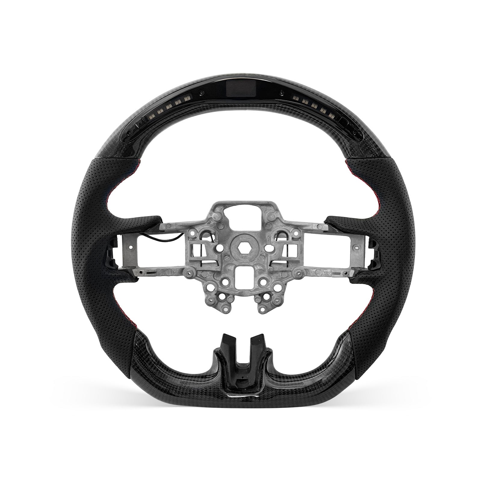 Mustang 2018-2023 steering wheel, Style 01 · 3K Gloss Carbon Fiber · Perforated Leather · LED · Universal Paddle Compatibility