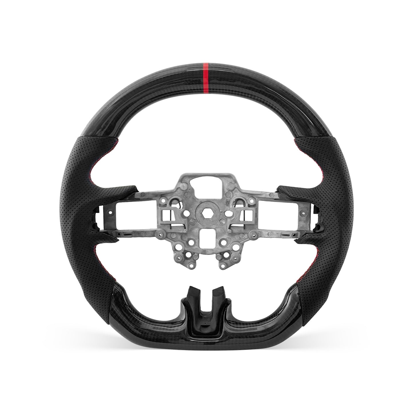 Mustang 2018-2023 steering wheel, Style 02 · 3K Gloss Carbon Fiber · Perforated Leather · Universal Paddle Compatibility