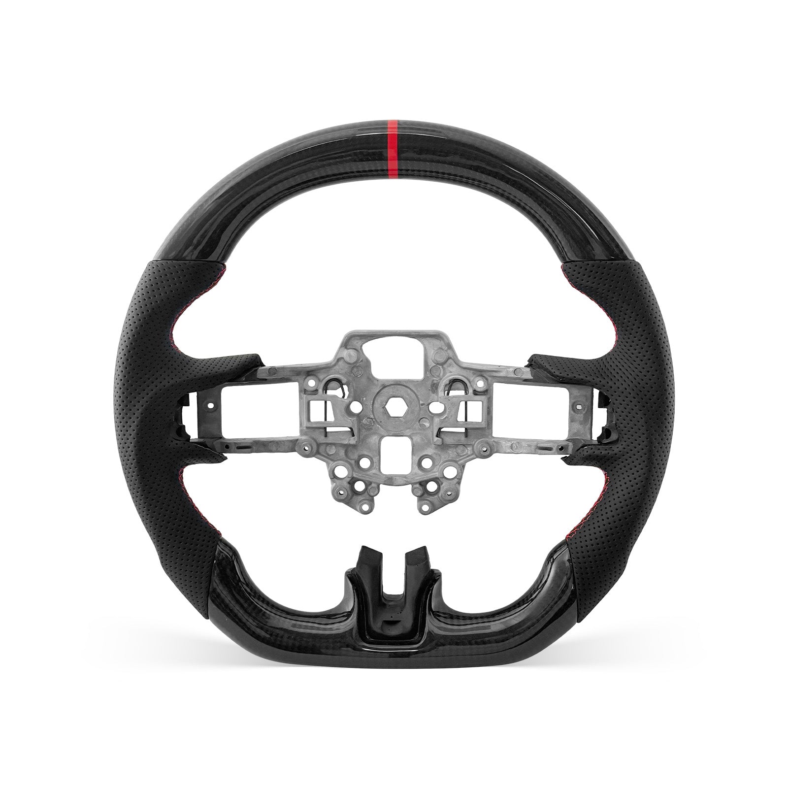Mustang 2018-2023 steering wheel, Style 02 · 3K Gloss Carbon Fiber · Perforated Leather · Universal Paddle Compatibility
