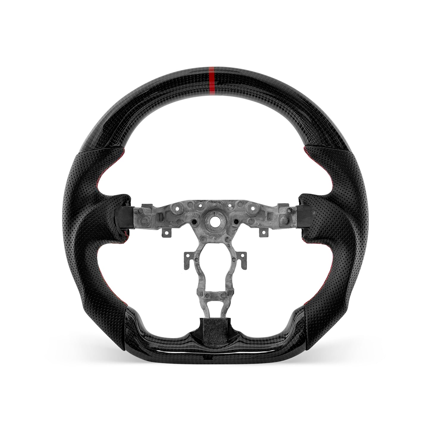 Nissan 370Z 2009-2020 steering wheel, Style 02 · 3K Gloss Carbon Fiber · Perforated Leather · Universal Paddle Compatibility