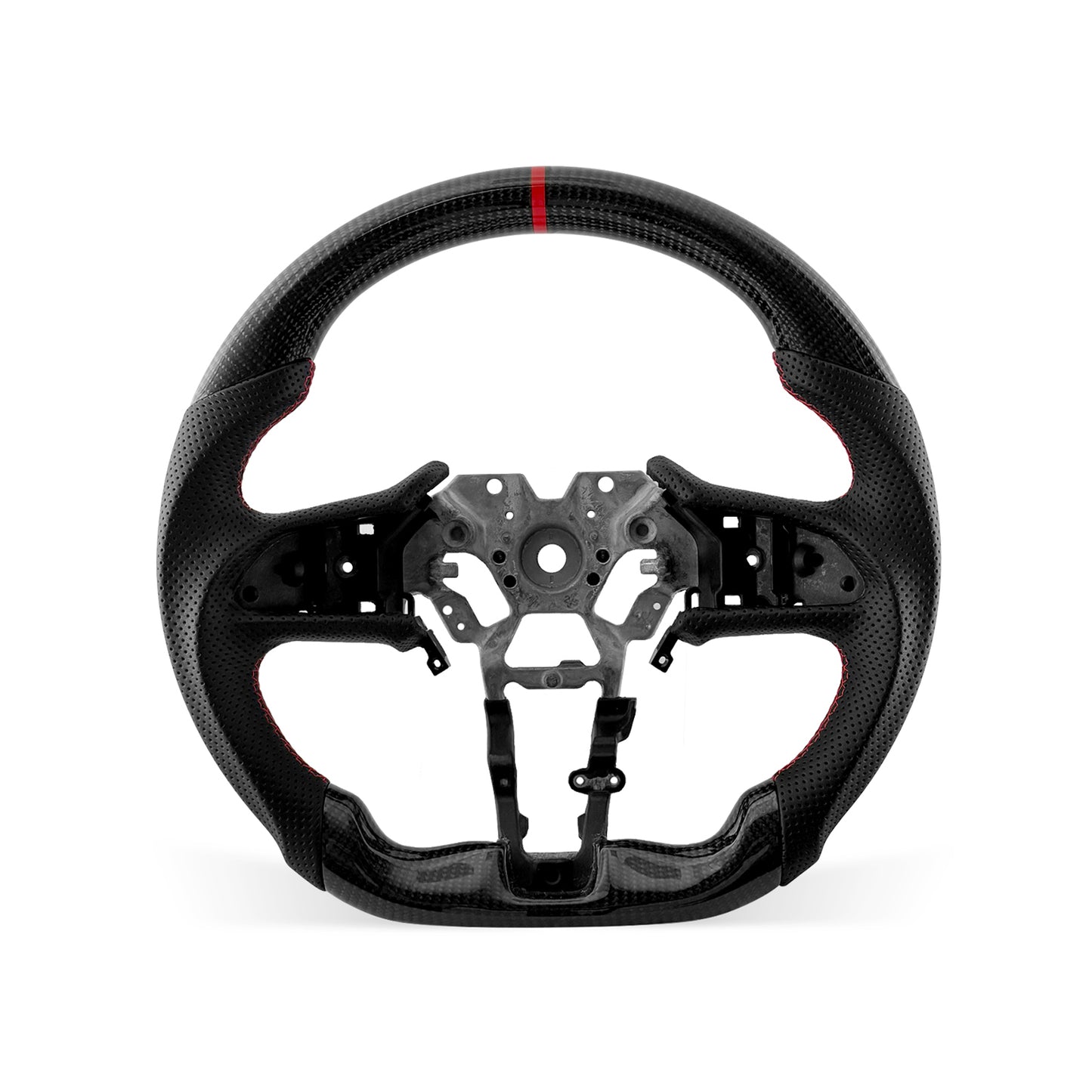 Infiniti Q60 2017-2026 steering wheel, Style 01 · 3K Gloss Carbon Fiber · Perforated Leather · Universal Paddle Compatibility