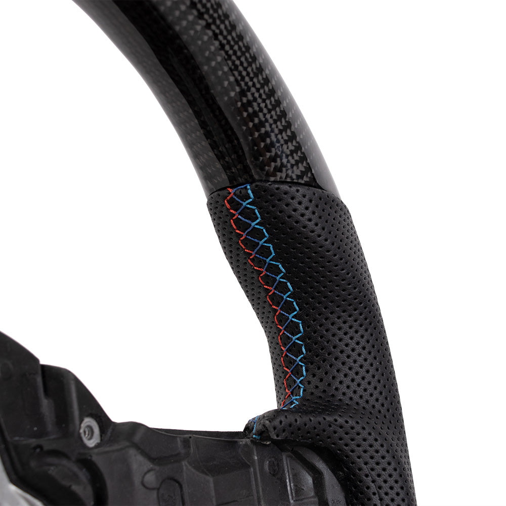 D-CARBON BMW G Series Flat Bottom Gloss Carbon Fiber Steering Wheel & Nappa Perforated Leather Grip