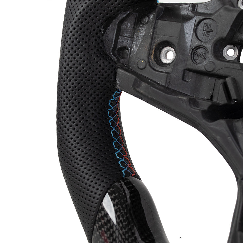D-CARBON BMW G Series Flat Bottom Gloss Carbon Fiber Steering Wheel & Nappa Perforated Leather Grip