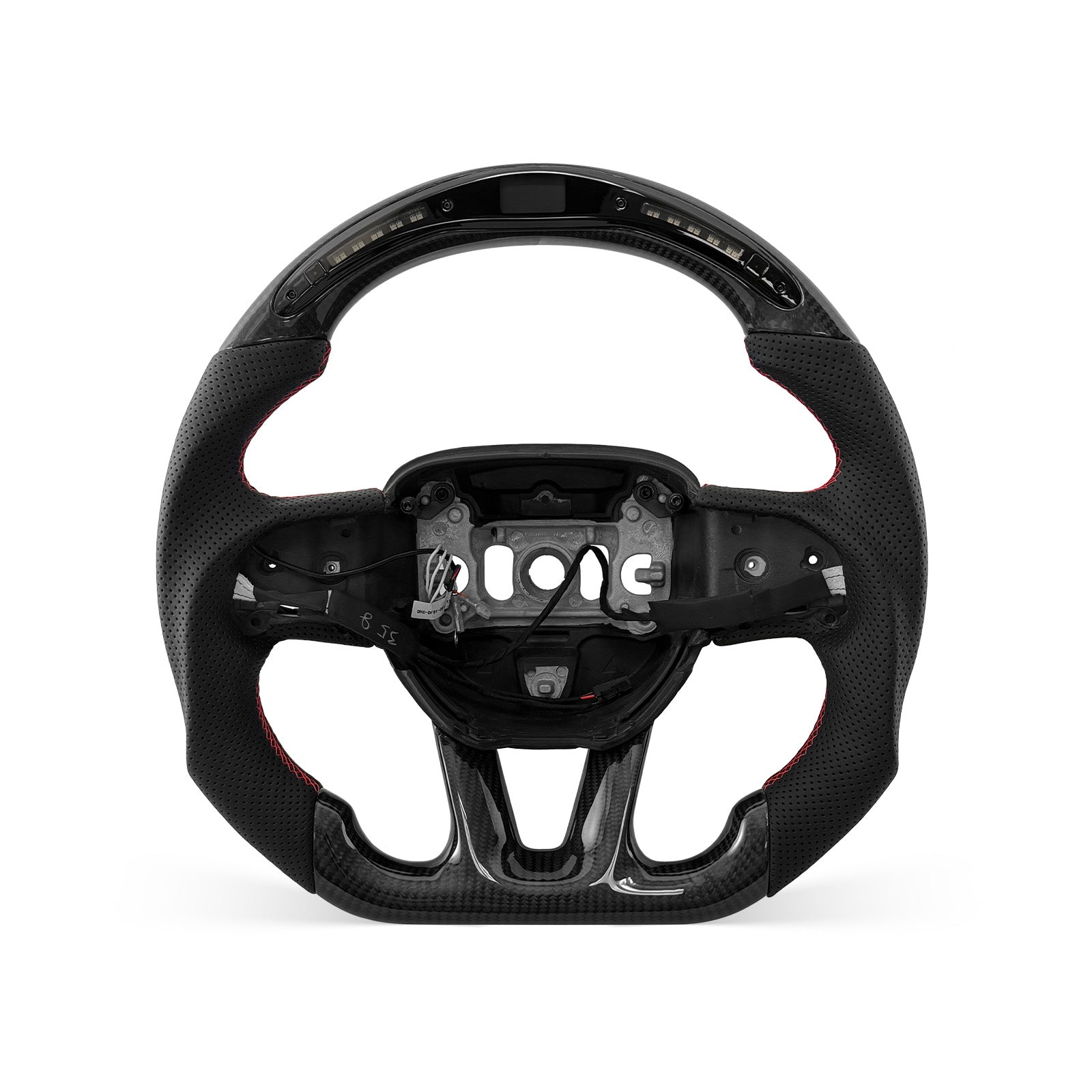 DODGE Challenger 2015-2026 steering wheel, Style 04 · 3K Gloss Carbon Fiber · Perforated Leather · LED · Heated · With Paddle Opening