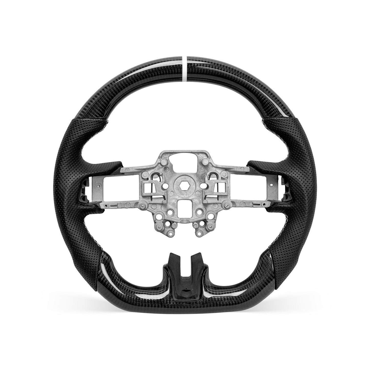 Mustang 2018-2023 steering wheel, Style 05 · 3K Gloss Carbon Fiber · Perforated Leather · Universal Paddle Compatibility