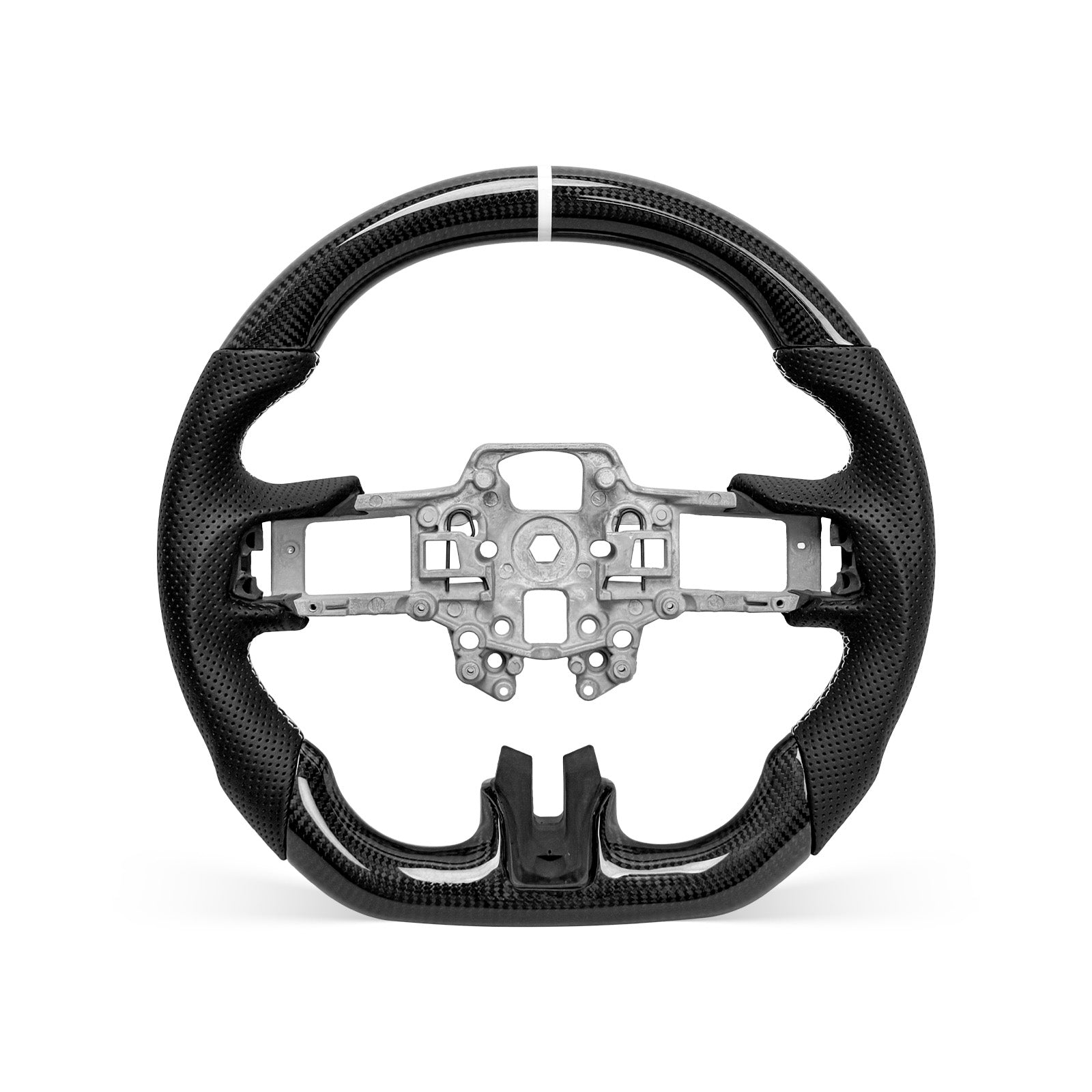 Mustang 2018-2023 steering wheel, Style 05 · 3K Gloss Carbon Fiber · Perforated Leather · Universal Paddle Compatibility