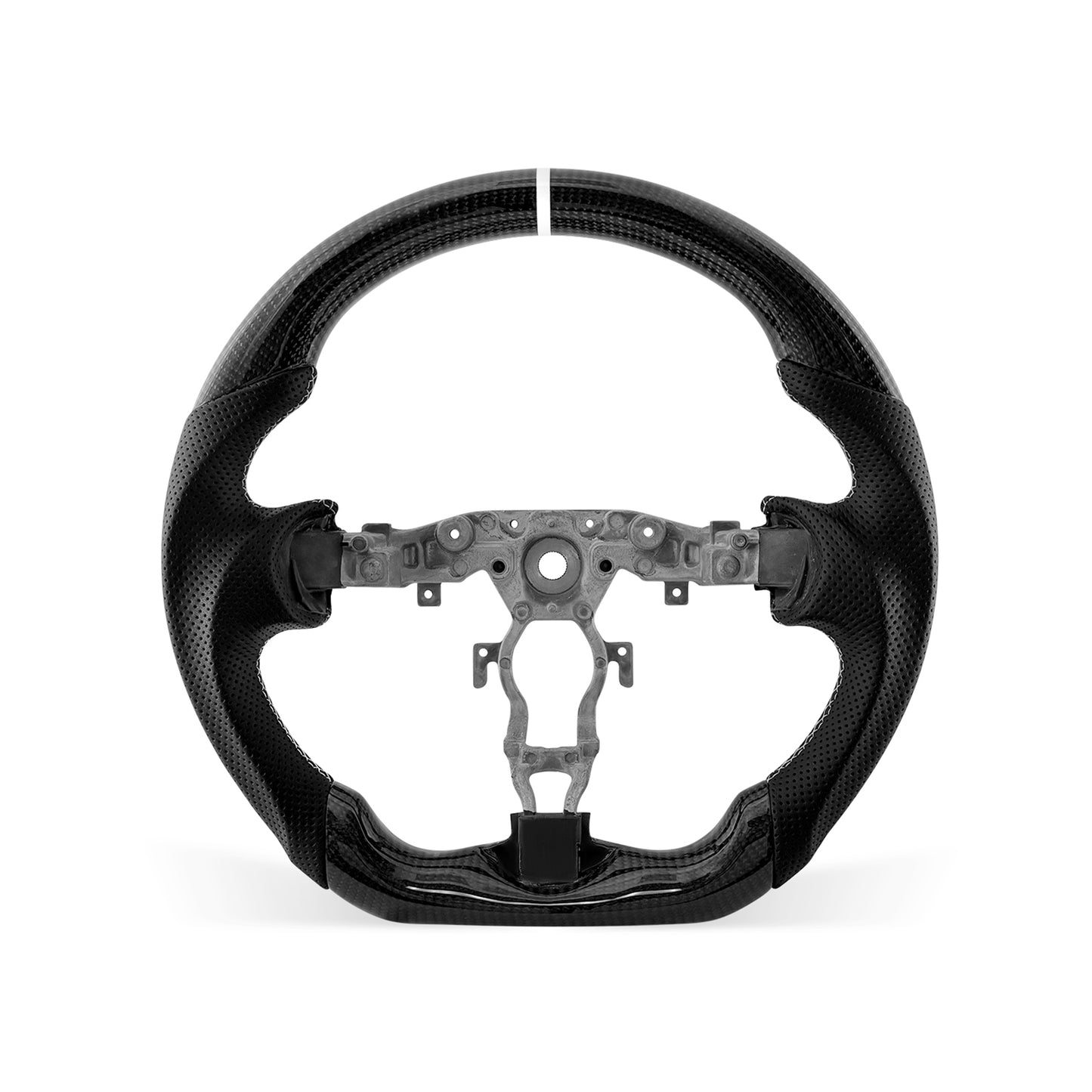 Nissan 370Z 2009-2020 steering wheel, Style 05 · 3K Gloss Carbon Fiber · Perforated Leather · Universal Paddle Compatibility