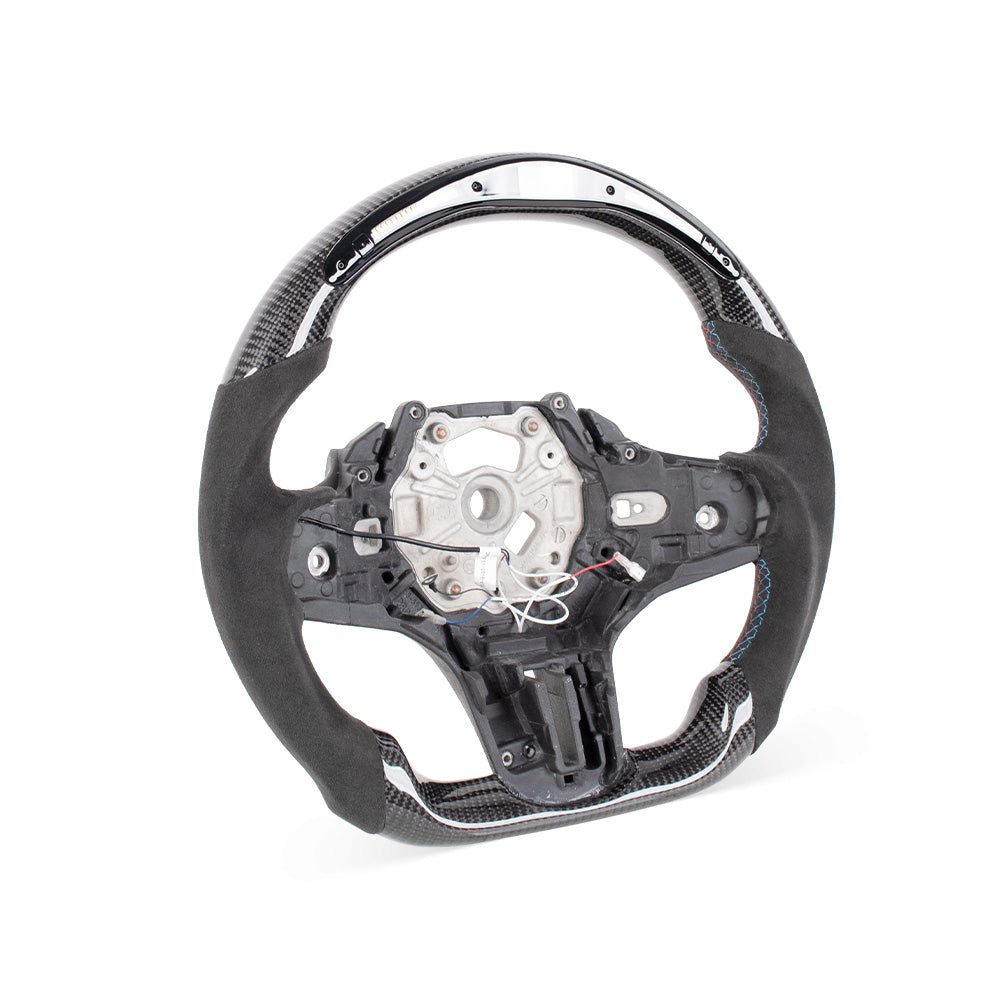 D-CARBON BMW G SERIES Flat Bottom Gloss Carbon Fiber Steering Wheel & ALCANTARA Grip With LED RACE DISPLAY