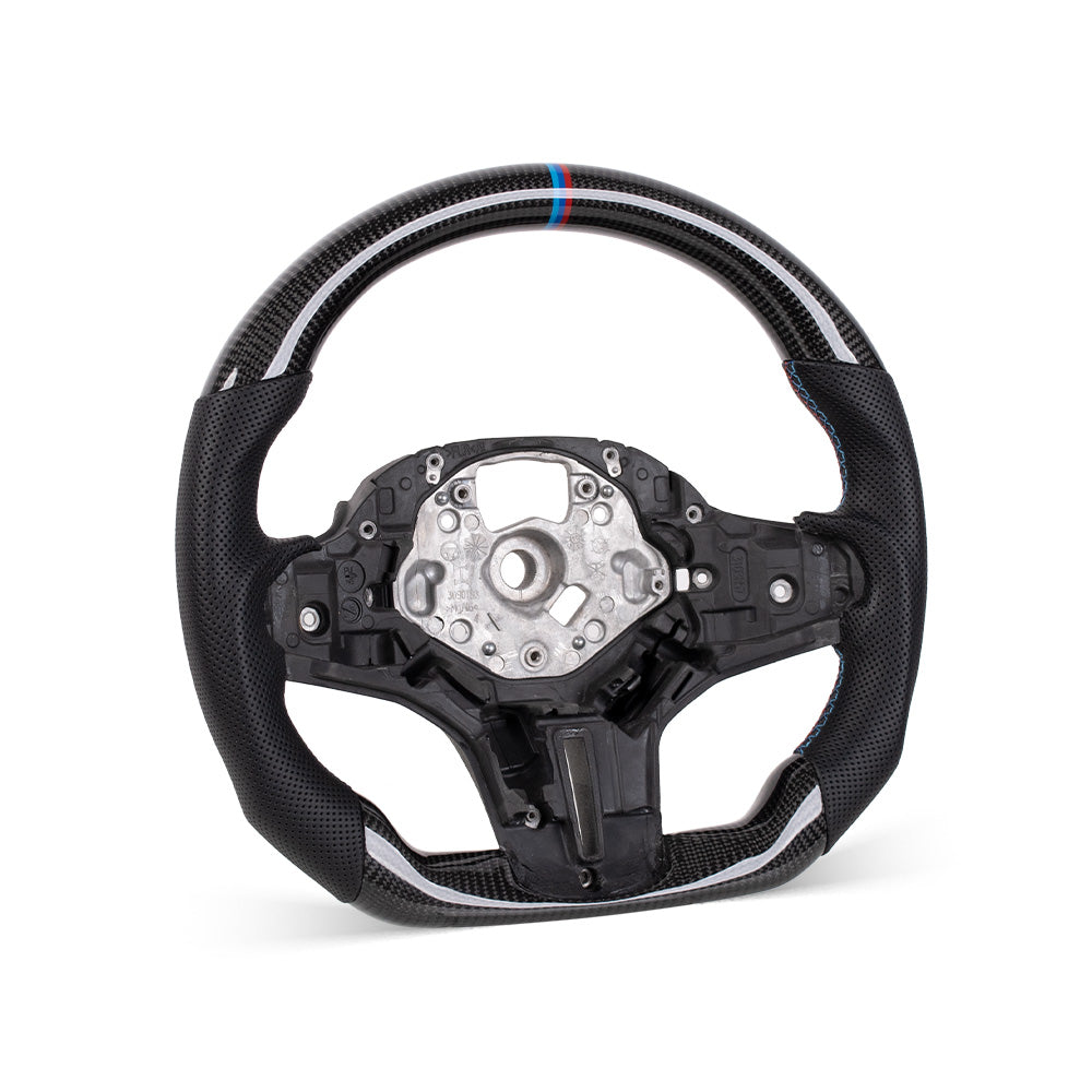 D-CARBON BMW G Series Flat Bottom Gloss Carbon Fiber Steering Wheel & Nappa Perforated Leather Grip