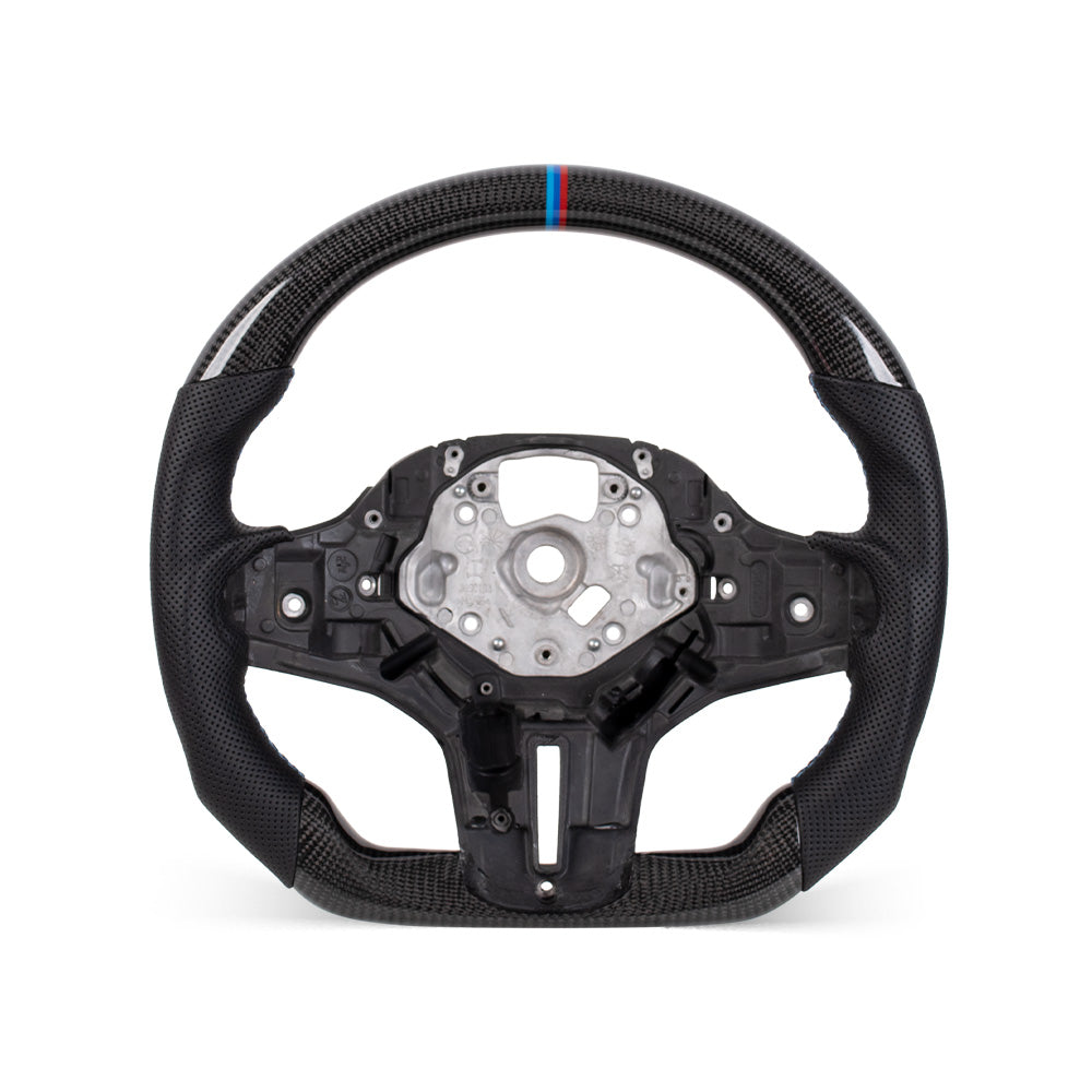 D-CARBON BMW G Series Flat Bottom Gloss Carbon Fiber Steering Wheel & Nappa Perforated Leather Grip