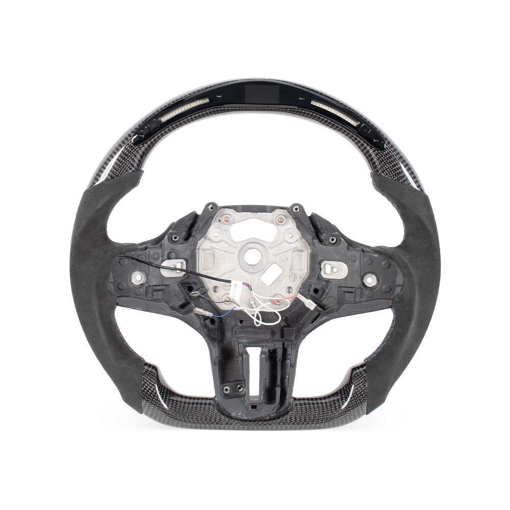 D-CARBON BMW G SERIES Flat Bottom Gloss Carbon Fiber Steering Wheel & ALCANTARA Grip With LED RACE DISPLAY