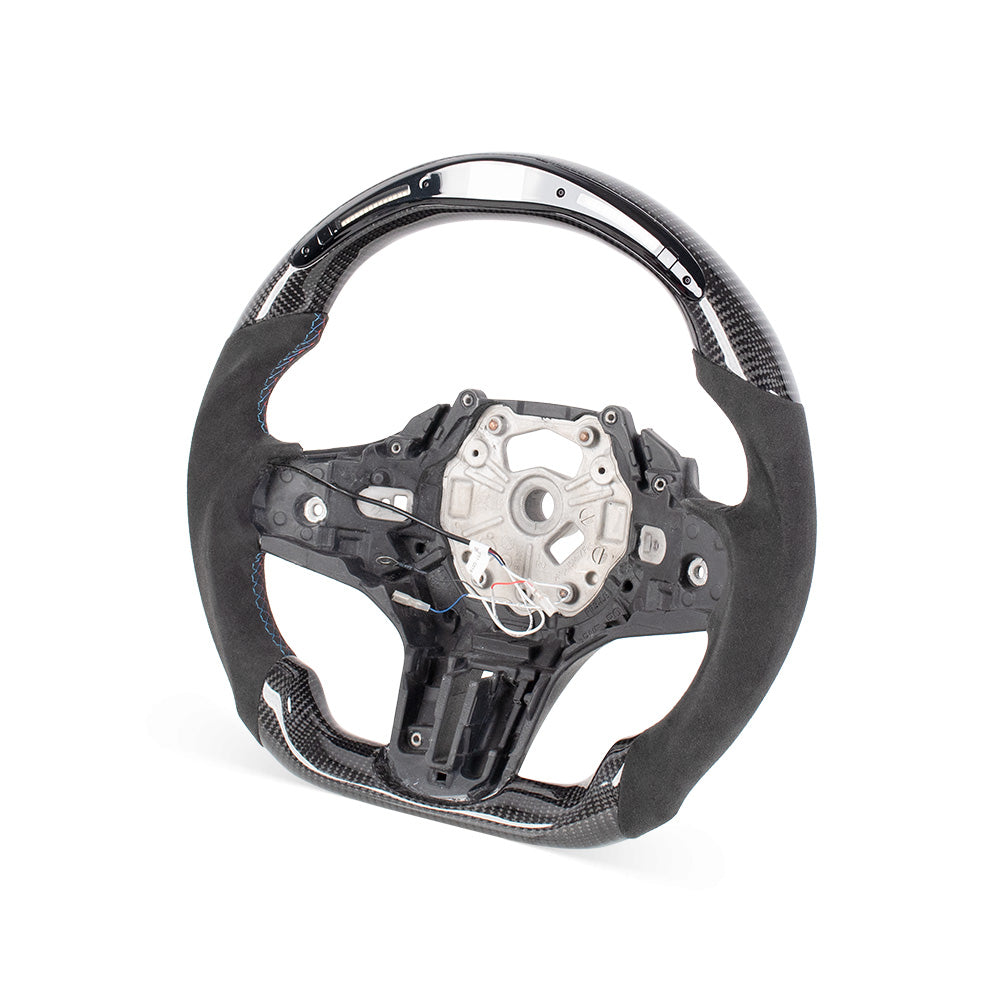 D-CARBON BMW G SERIES Flat Bottom Gloss Carbon Fiber Steering Wheel & ALCANTARA Grip With LED RACE DISPLAY
