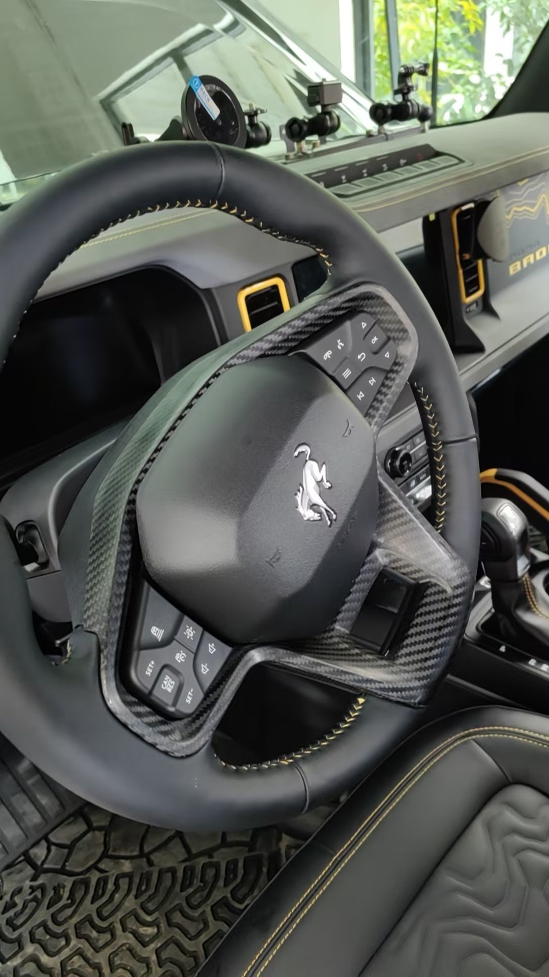 THETEN 2024+ MUSTANG STEERING WHEEL BUTTON FRAME TRIM, BRIGHT FINISH 3K CARBON FIBER, ADHESIVE TYPE