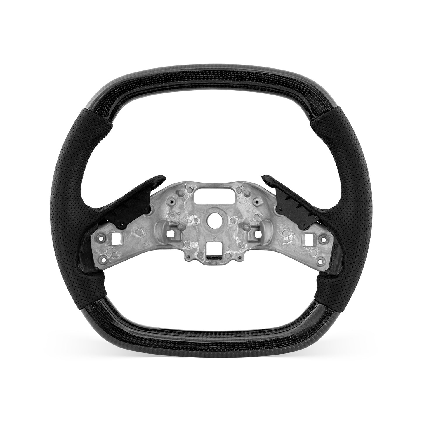 Corvette C8 2020-2026 steering wheel, Style 03 · 3K Gloss Carbon Fiber · Perforated Leather · Universal Paddle Compatibility