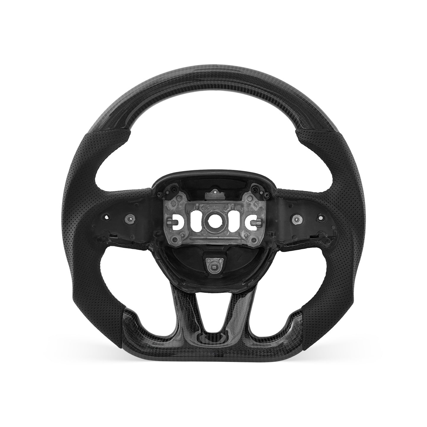 DODGE Challenger 2015-2026 steering wheel, Style 05 · 3K Gloss Carbon Fiber · Perforated Leather · With Paddle Opening