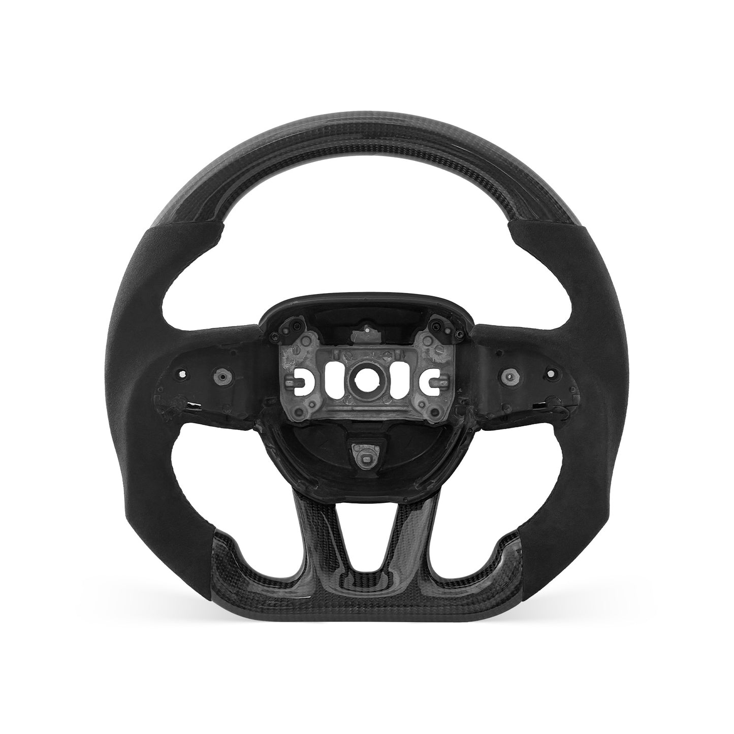 DODGE Challenger 2015-2026 steering wheel, Style 06 · 3K Gloss Carbon Fiber · Alcantara / Suede · With Paddle Opening