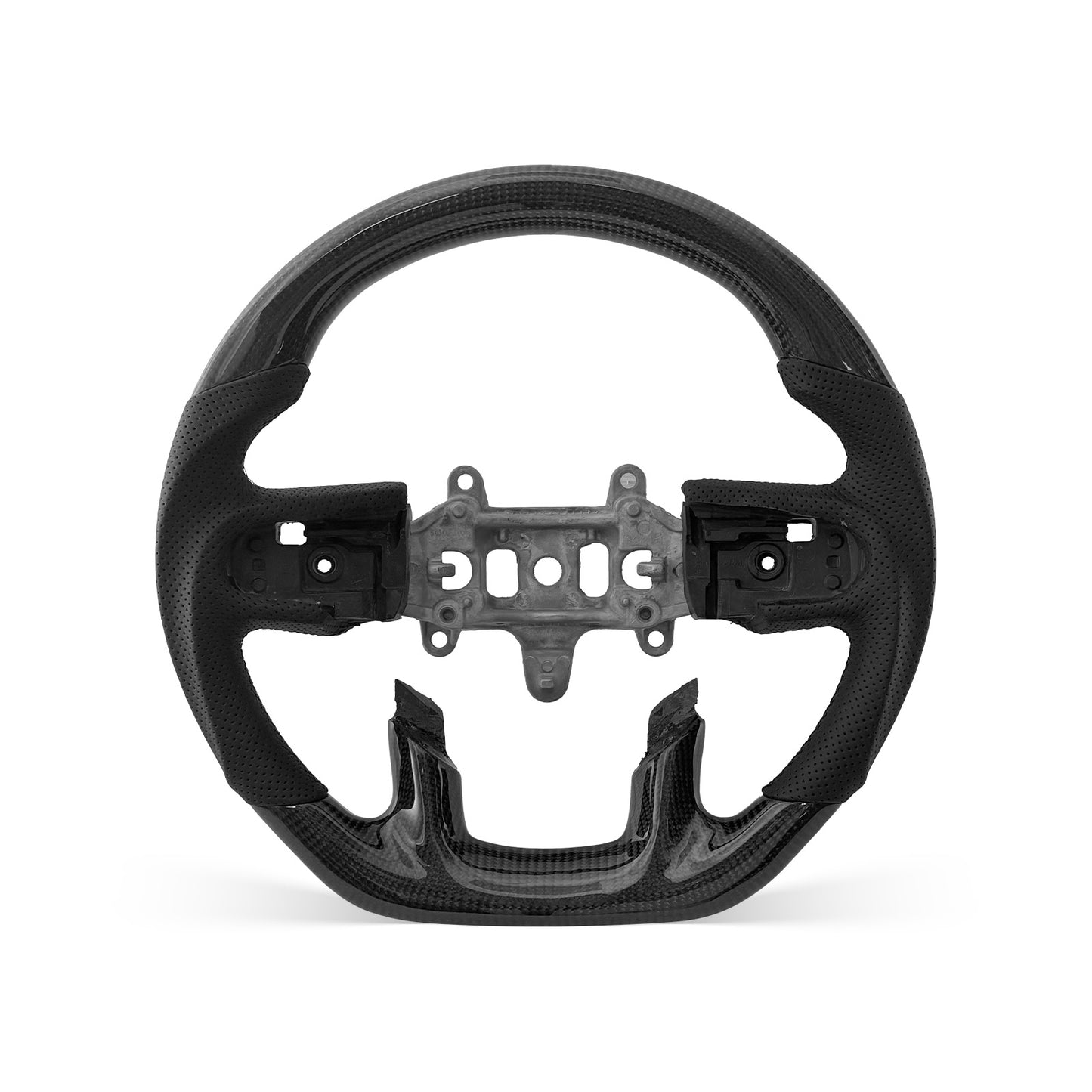 RAM 2019-2026 steering wheel, Style 01 · 3K Gloss Carbon Fiber · Perforated Leather · With Paddle Opening