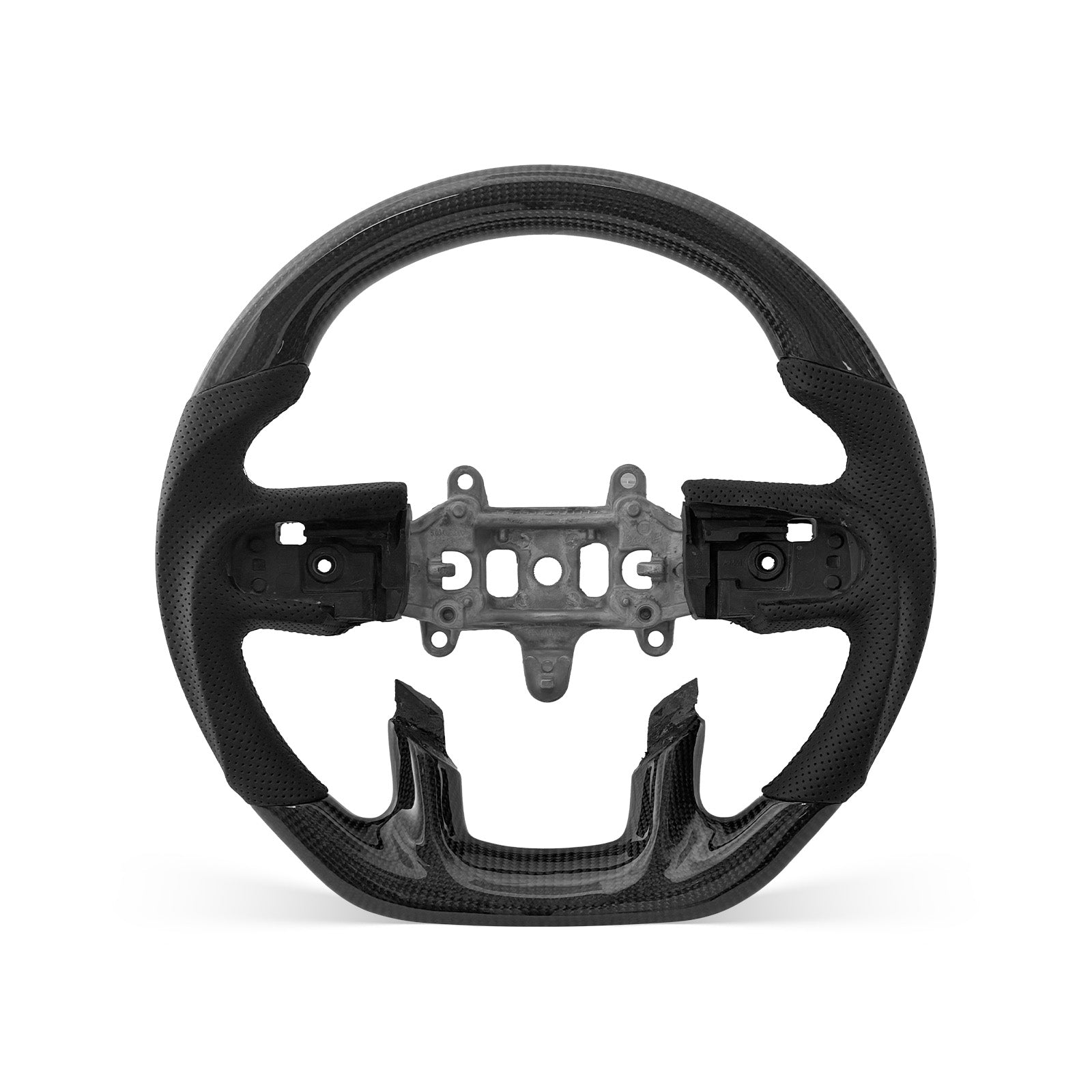 RAM 2019-2026 steering wheel, Style 01 · 3K Gloss Carbon Fiber · Perforated Leather · With Paddle Opening