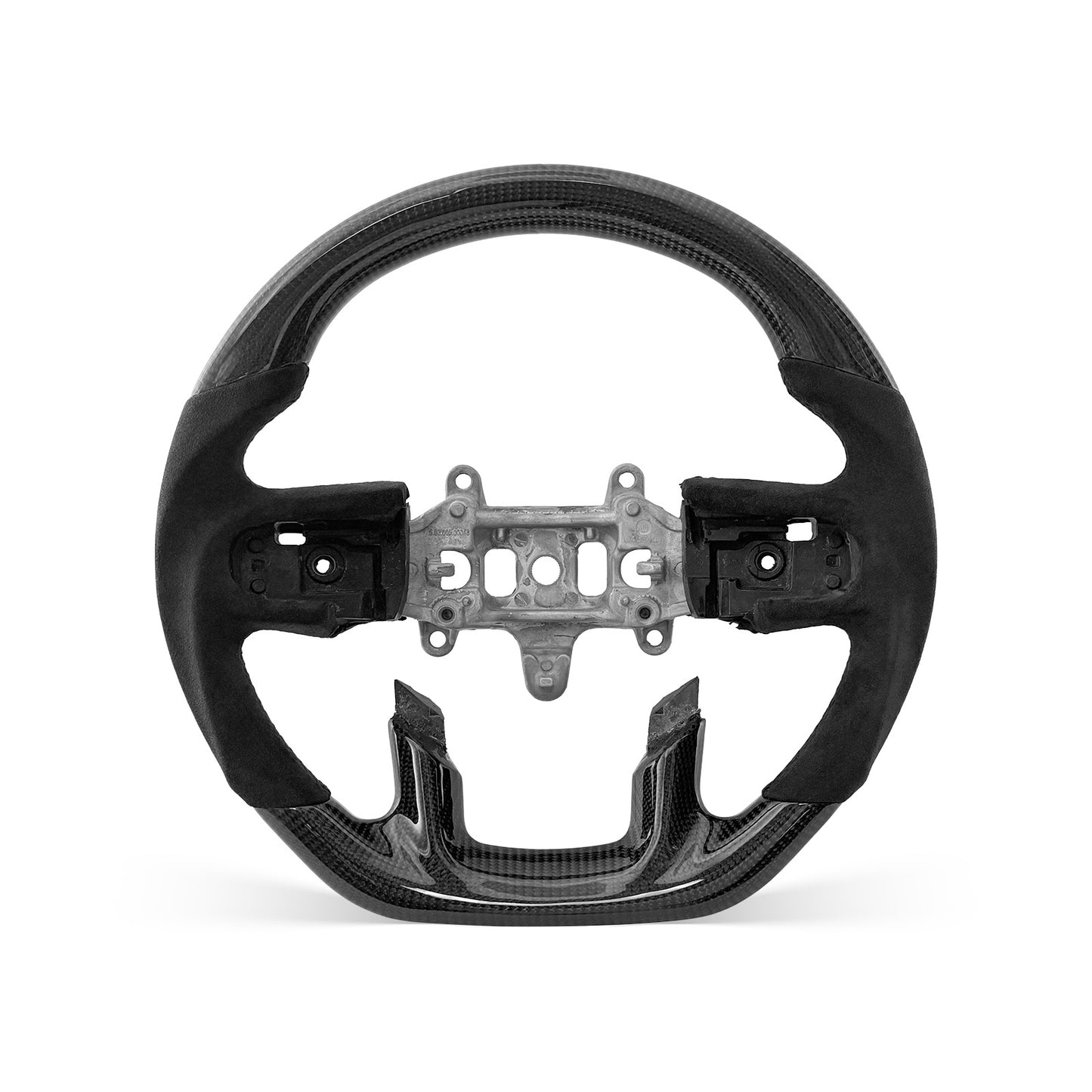 RAM 2019-2026 steering wheel, Style 02 · 3K Gloss Carbon Fiber · Alcantara / Suede · With Paddle Opening