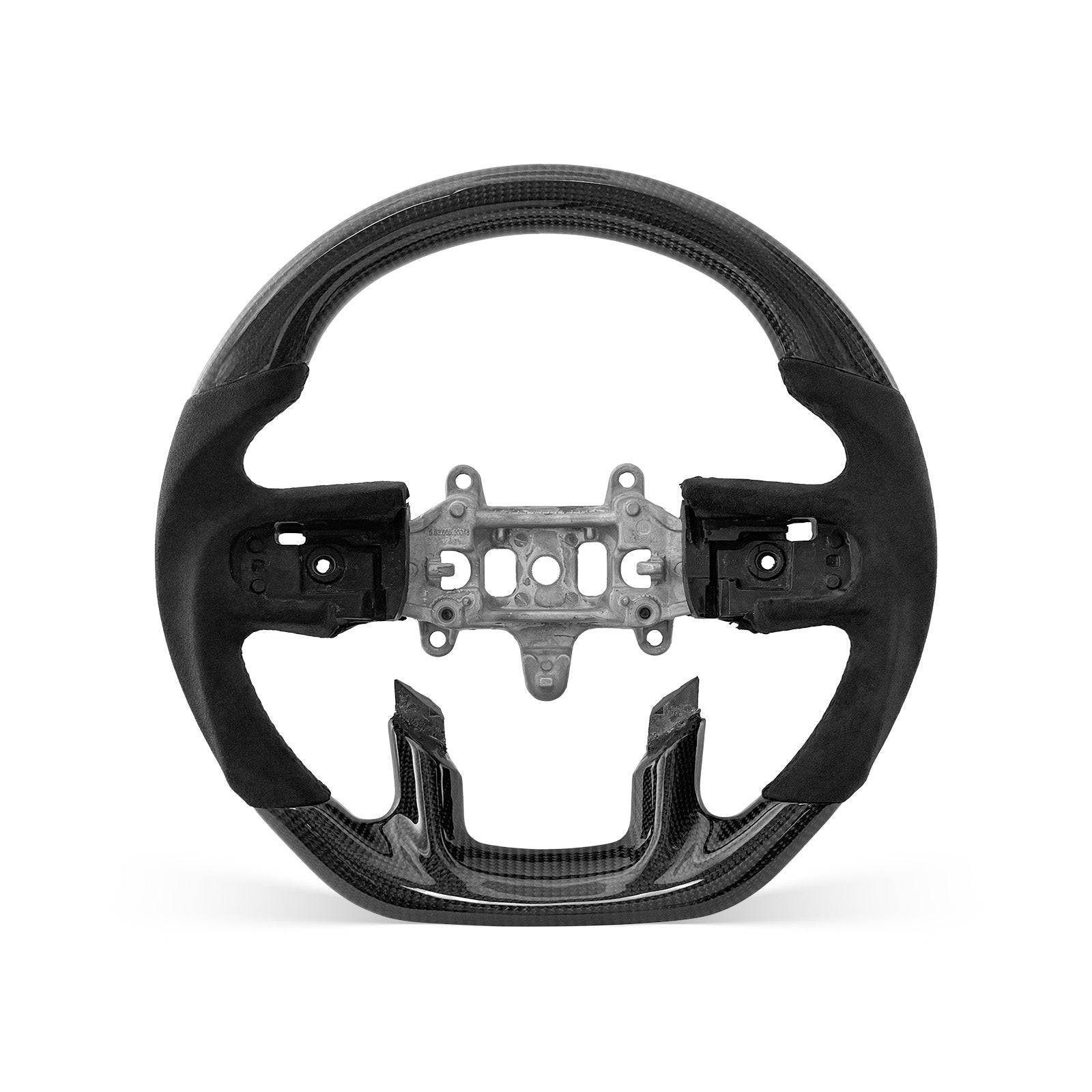 RAM 2019-2026 steering wheel, Style 02 · 3K Gloss Carbon Fiber · Alcantara / Suede · With Paddle Opening