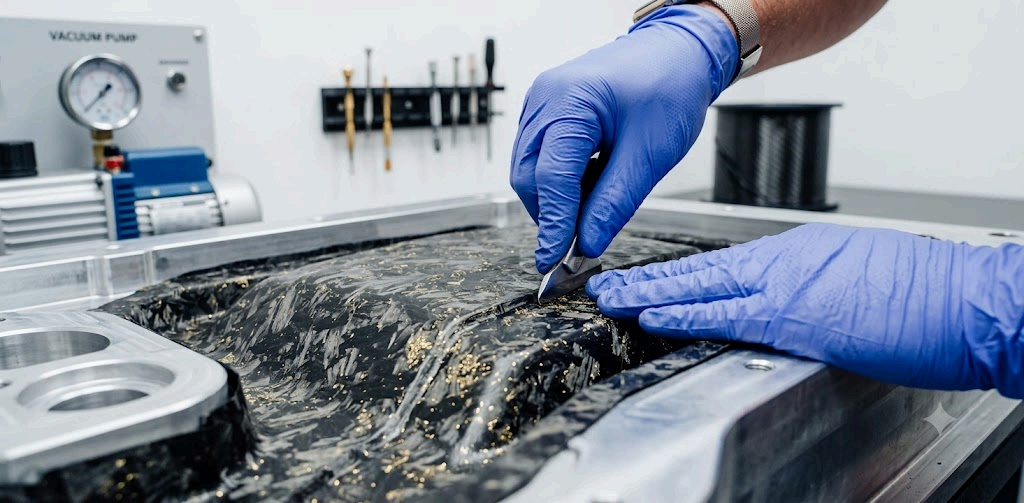 Close-up of automotive carbon fiber craftsmanship
