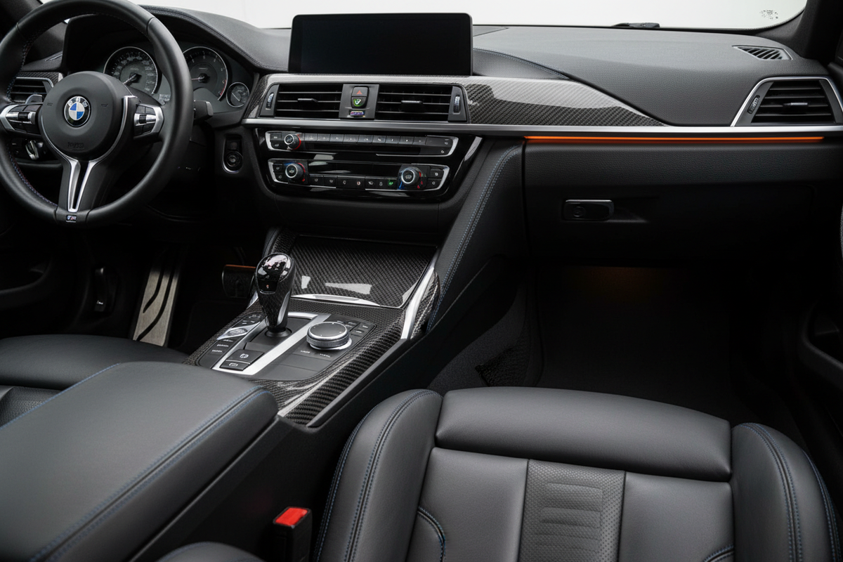 Carbon fiber details integrated into a vehicle cockpit