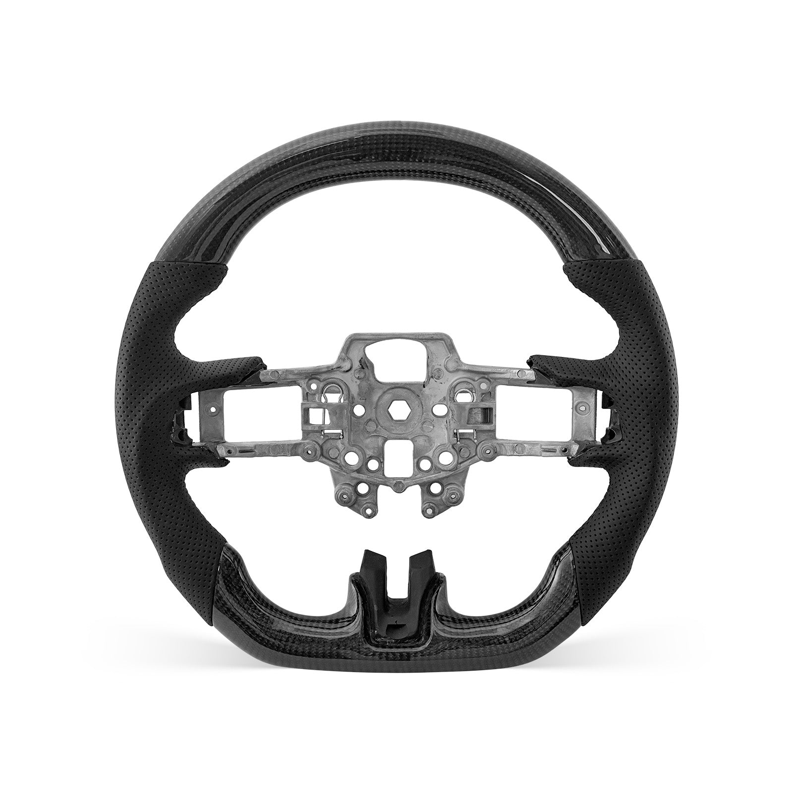 Mustang 2015-2017 steering wheel, Style 03 · 3K Gloss Carbon Fiber · Perforated Leather · Universal Paddle Compatibility