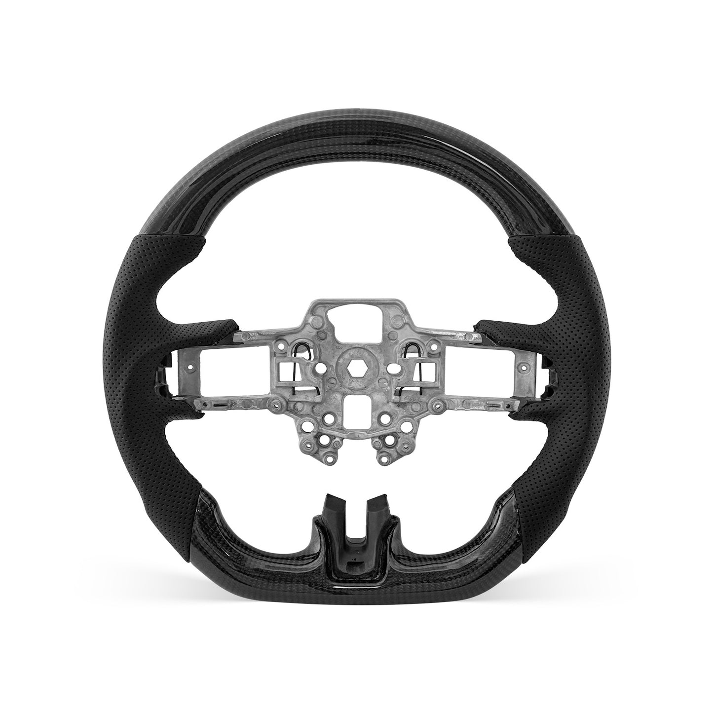 Mustang 2018-2023 steering wheel, Style 06 · 3K Gloss Carbon Fiber · Perforated Leather · Universal Paddle Compatibility