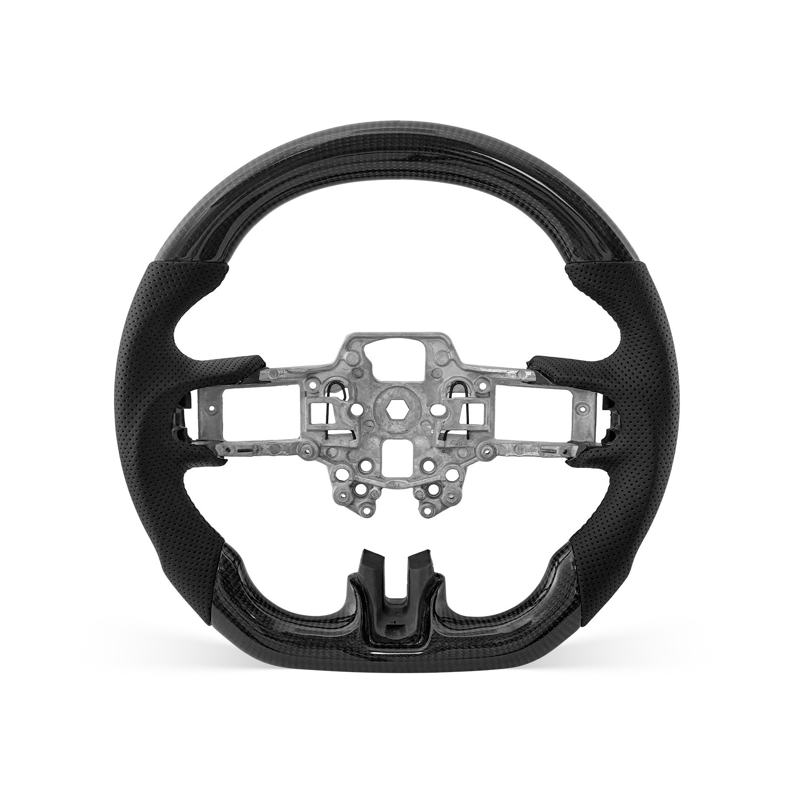 Mustang 2018-2023 steering wheel, Style 06 · 3K Gloss Carbon Fiber · Perforated Leather · Universal Paddle Compatibility
