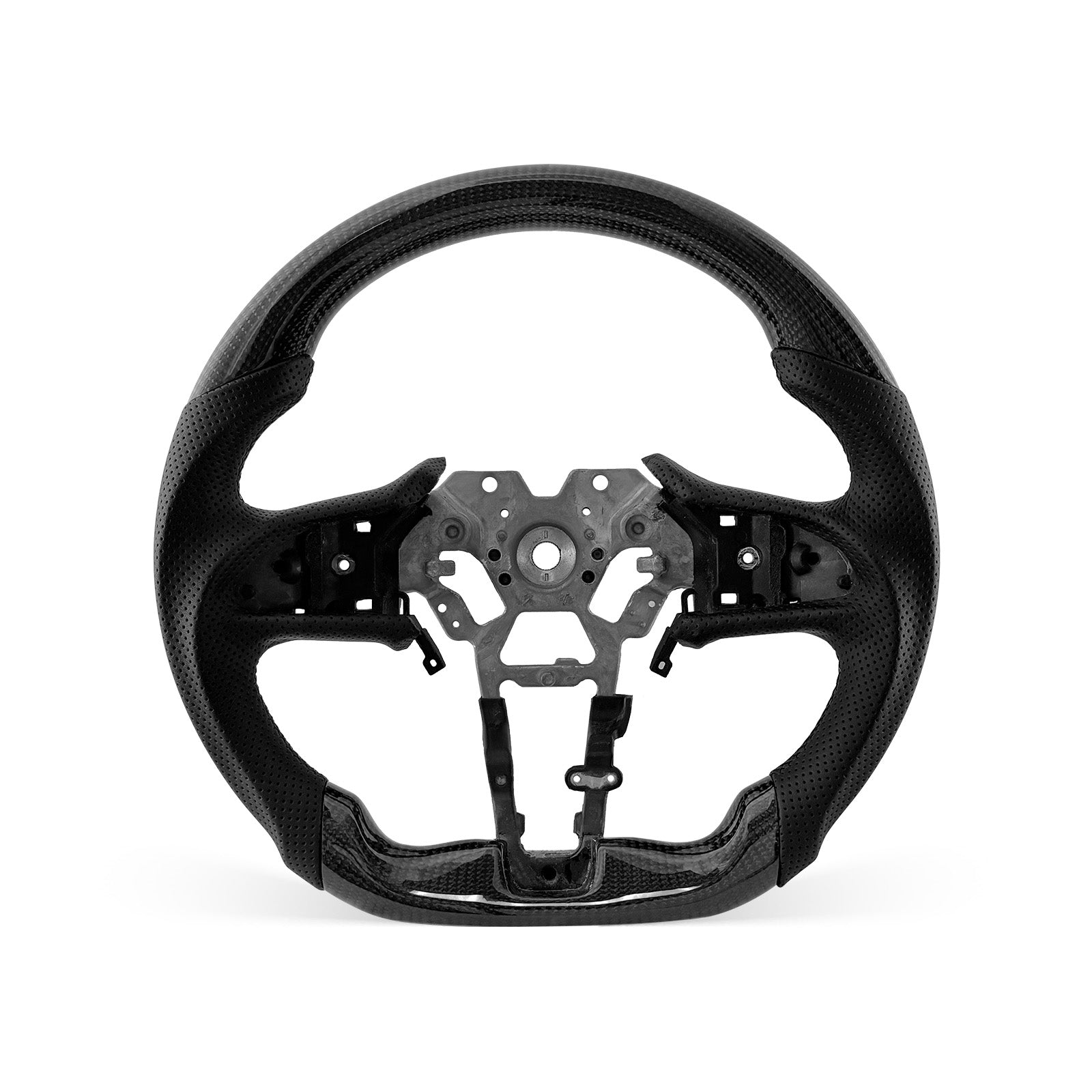 Infiniti Q60 2017-2026 steering wheel, Style 03 · 3K Gloss Carbon Fiber · Perforated Leather · Universal Paddle Compatibility