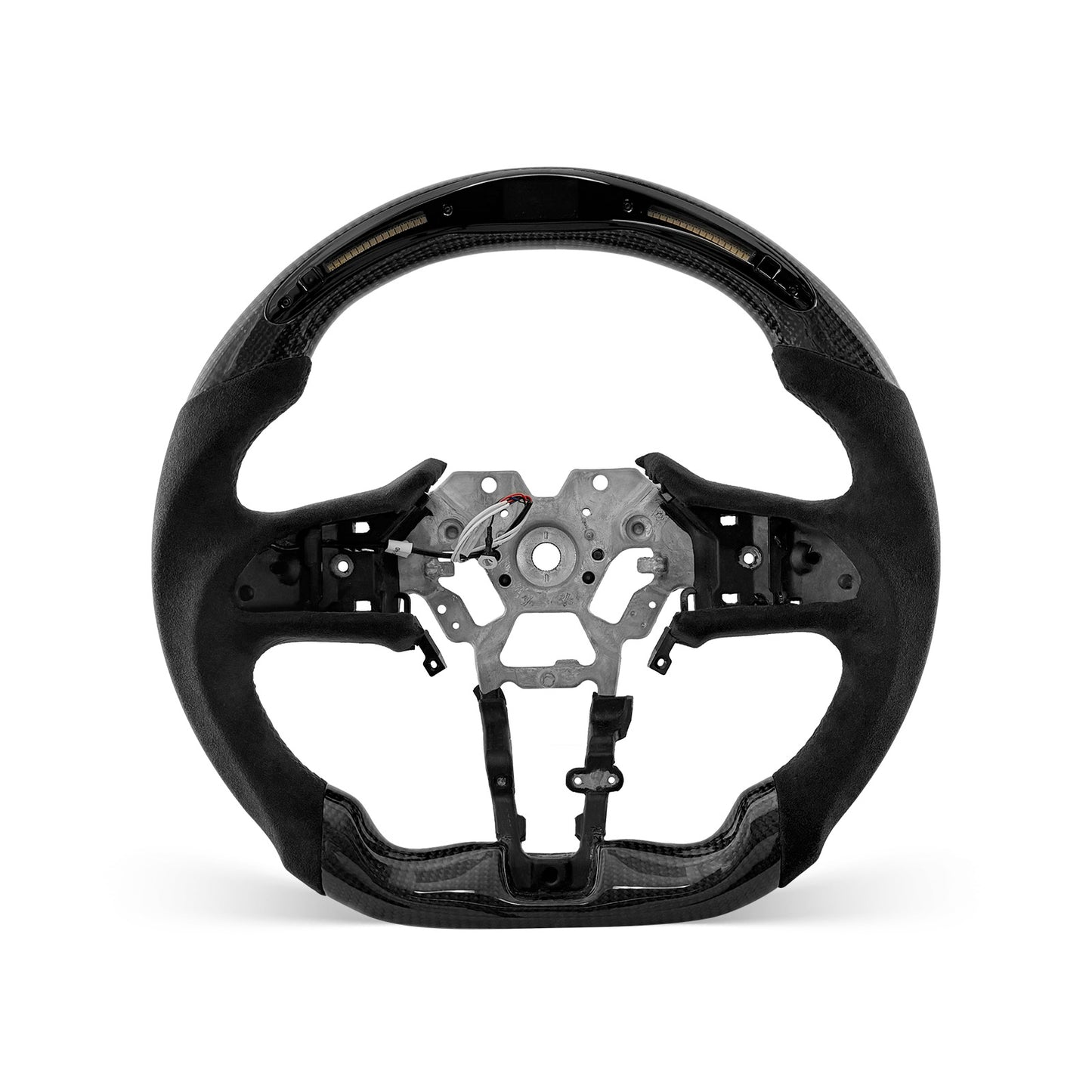 Infiniti Q60 2017-2026 steering wheel, Style 04 · 3K Gloss Carbon Fiber · Alcantara / Suede · Universal Paddle Compatibility