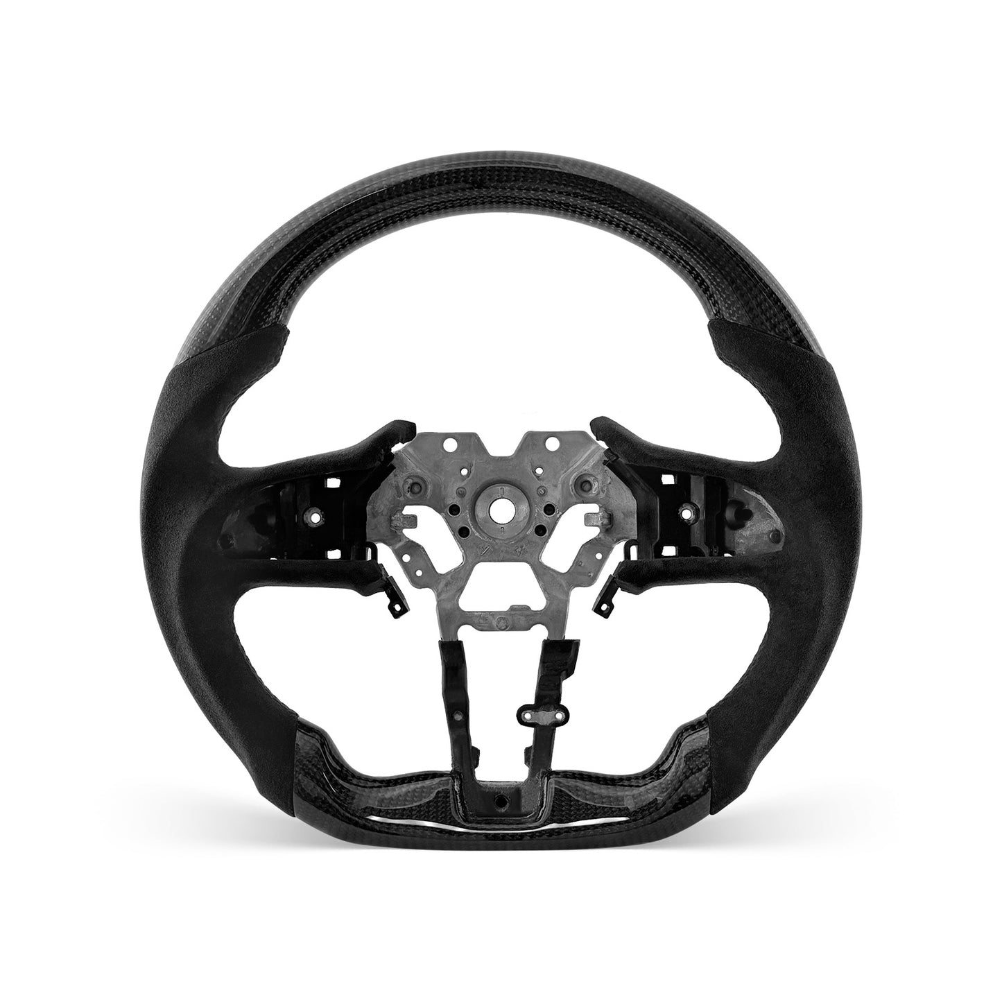 Infiniti Q60 2017-2026 steering wheel, Style 05 · 3K Gloss Carbon Fiber · Alcantara / Suede · Universal Paddle Compatibility