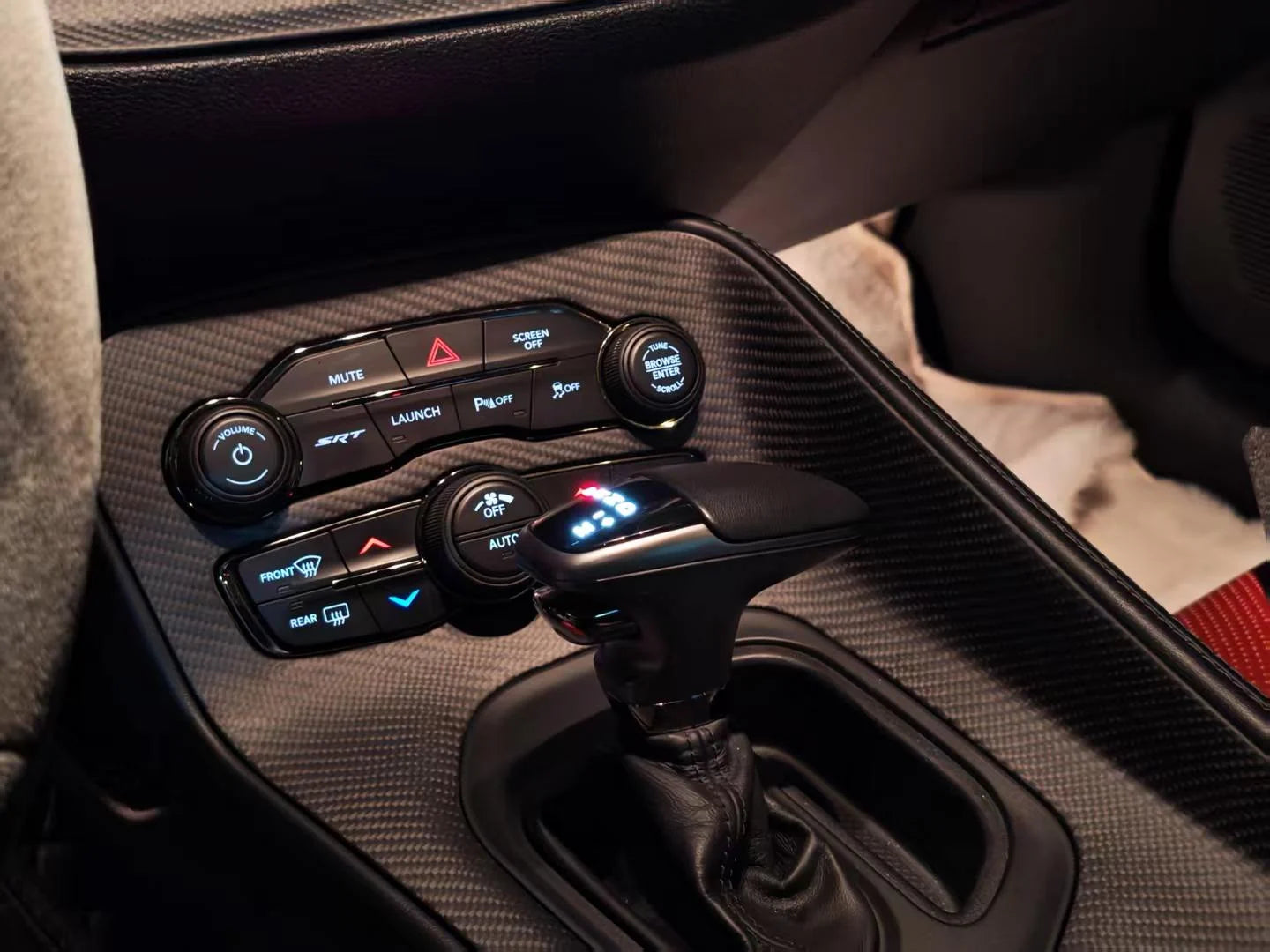 Dodge Challenger carbon fiber interior detail